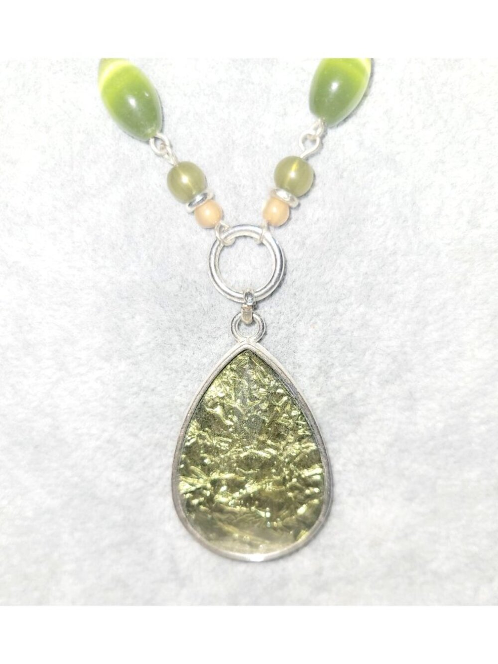 Faux Moldavite and Glass Bead Necklace Soft Leather Rope Adjustable Closure